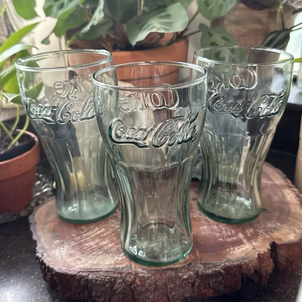 Coca Cola Contour Drinking Glasses Set of 3 Green Embossed Logo 7” Tall Large